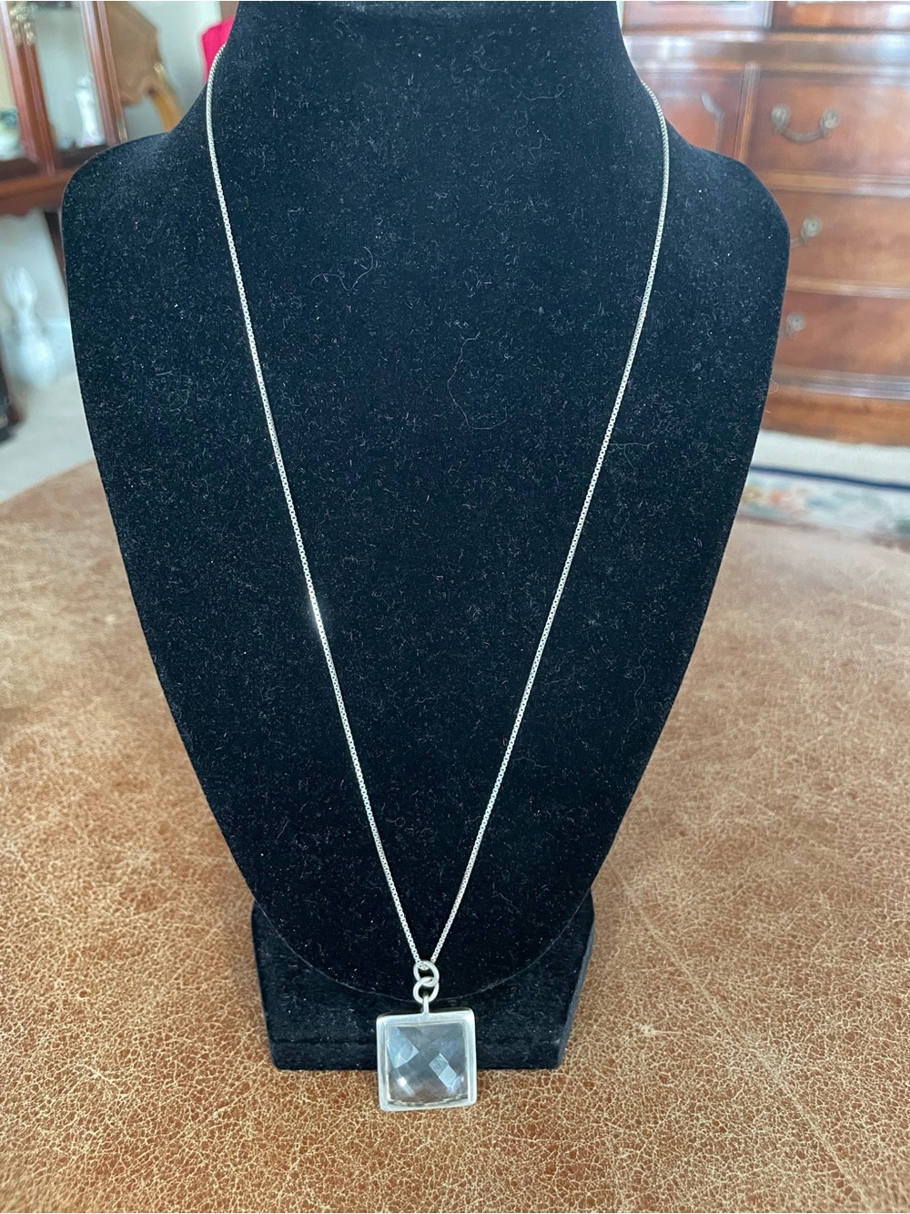 Vintage Clear Quartz or Rock Crystal Silver Square Pendant w 925  22 in Necklace